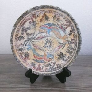 Authentic Greek Grecian Decorative Plate Fish Motif and Stand